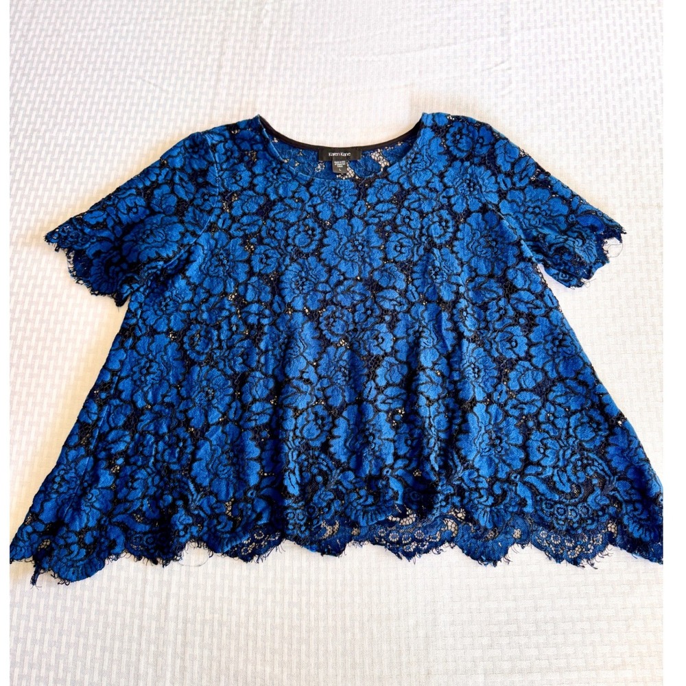 Karen Kane Blue Black Floral Lace Swing Top Eyelash Trim Short Sleeve Size L